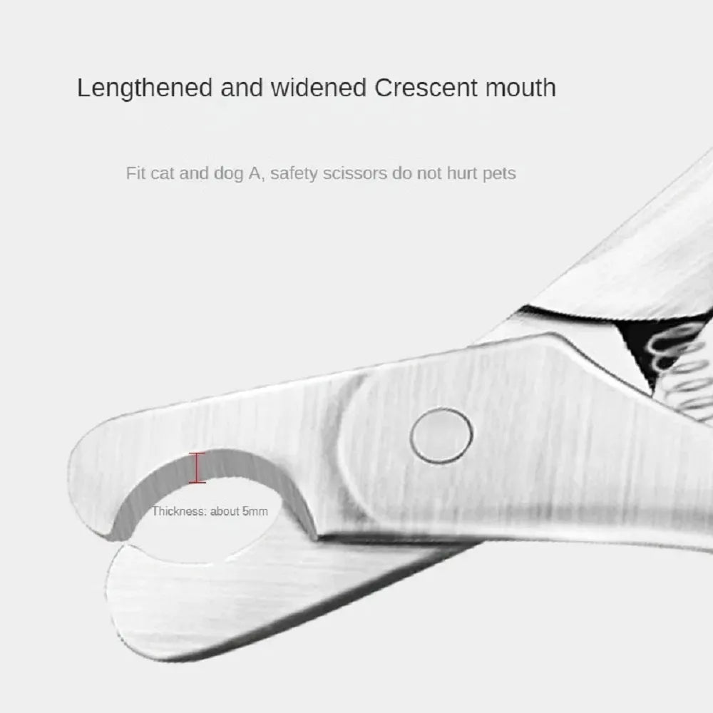 Silver pet nail clipper with stainless steel blades and safety guard for trimming dog and cat claws