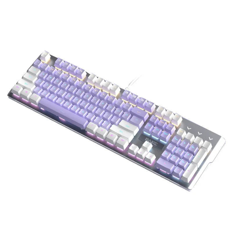 Purple and white mechanical keyboard and mouse wired set with backlight illumination on desktop