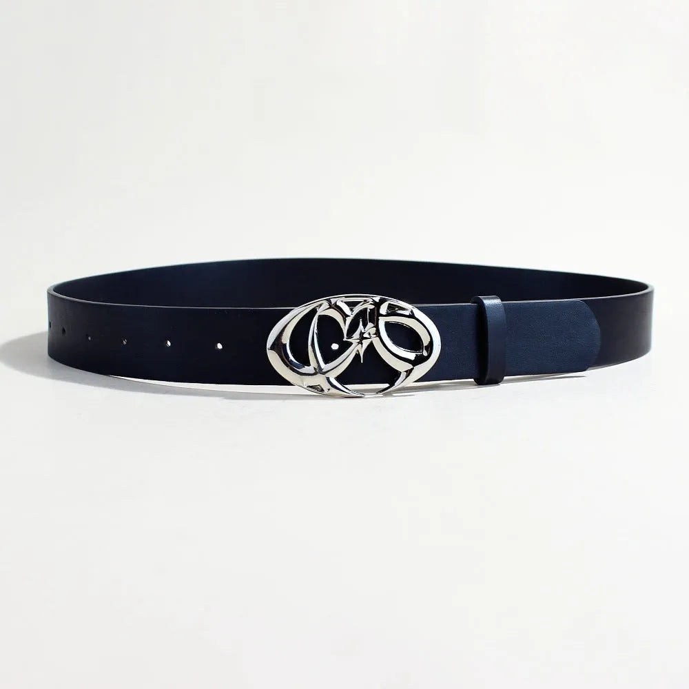 Casual silver buckle belt made from black PU leather with a 105cm length