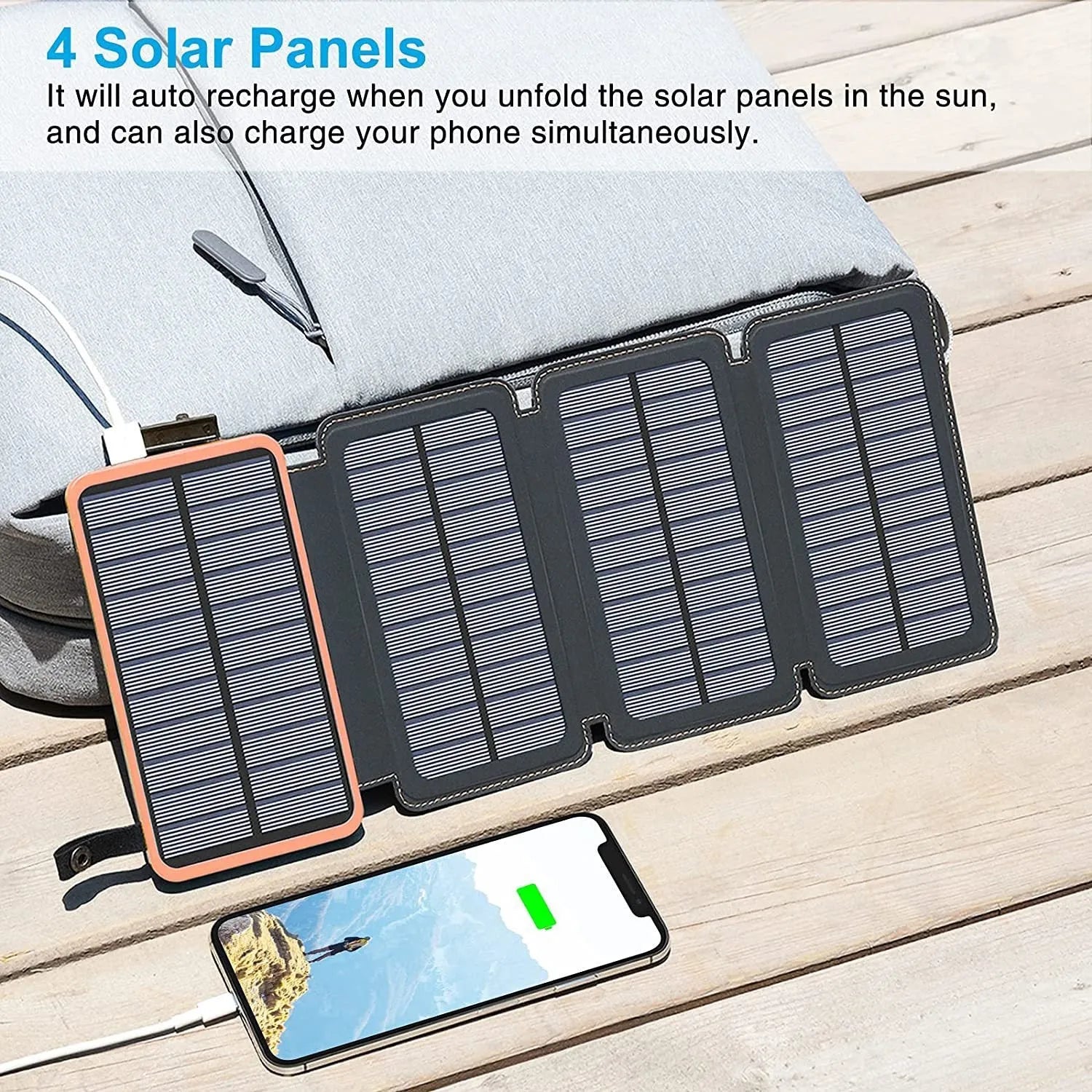 Outdoor rainproof solar phone charger with LED light showing solar panel and leather exterior
