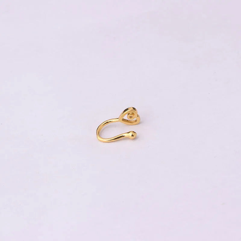 Heart-shaped non-piercing nose ring clip in brass alloy with AAA zircon crystal, gold finish, 11mm clip length