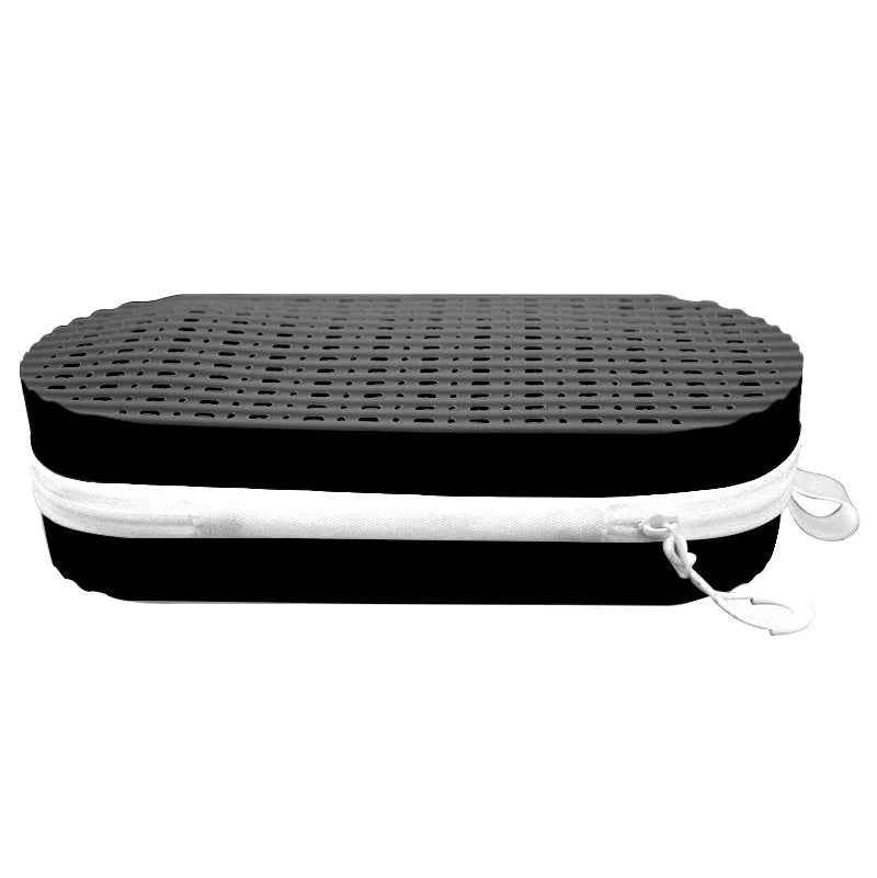 Silicone glasses case in multiple colours, showing long hand shape and scale next to a pair of spectacles.