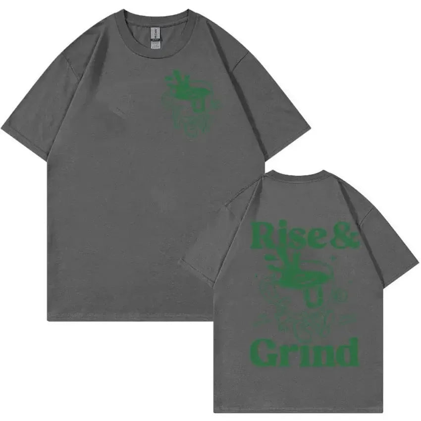 Loose fit linen t-shirt with Rise and Grind cartoon graphic print in multiple colours