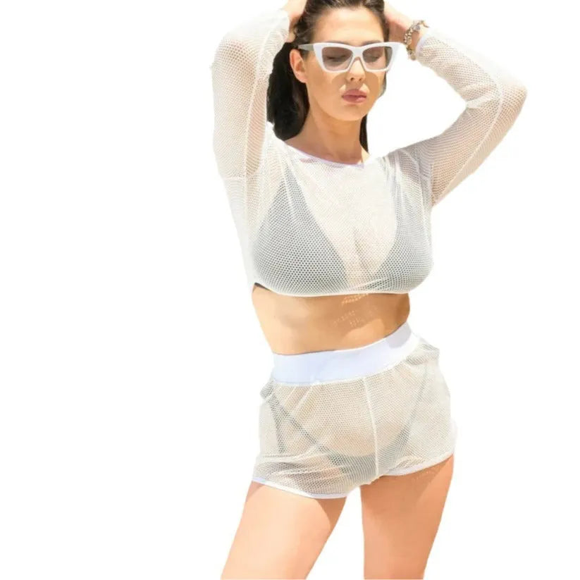 White women's transparent mesh beach swimsuit top with skirt set for sun protection.