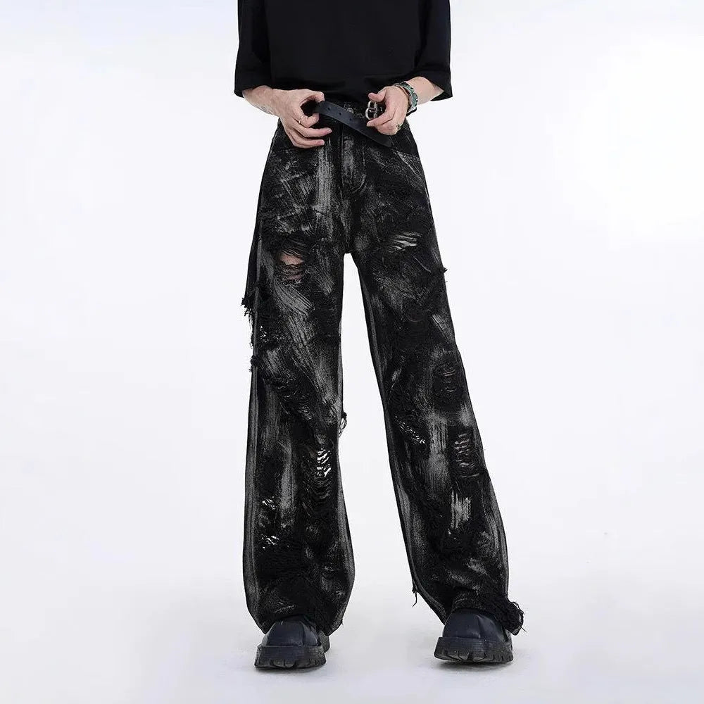 Men's heavyweight washed denim jeans with American high street graffiti style in grey pink colour combination