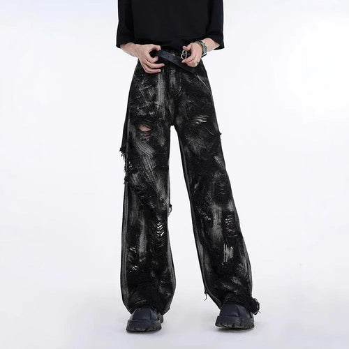 Men's heavyweight washed denim jeans with American high street graffiti style in grey pink colour combination