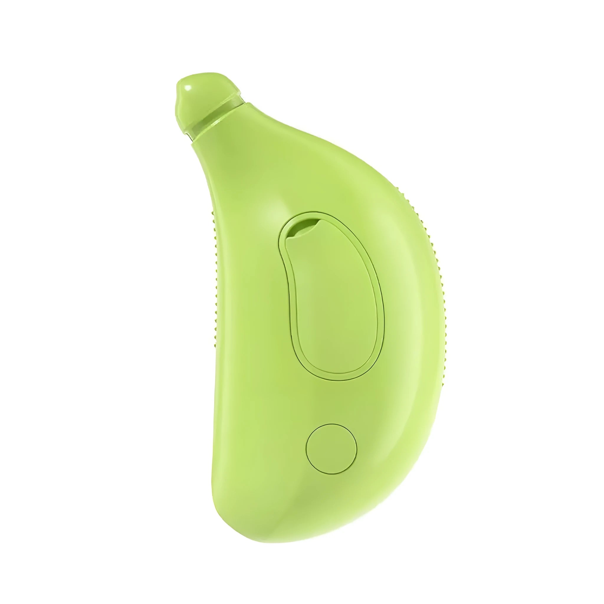 Green rechargeable cat grooming brush with silicone bristles showing round teeth and cat paw shaped ends