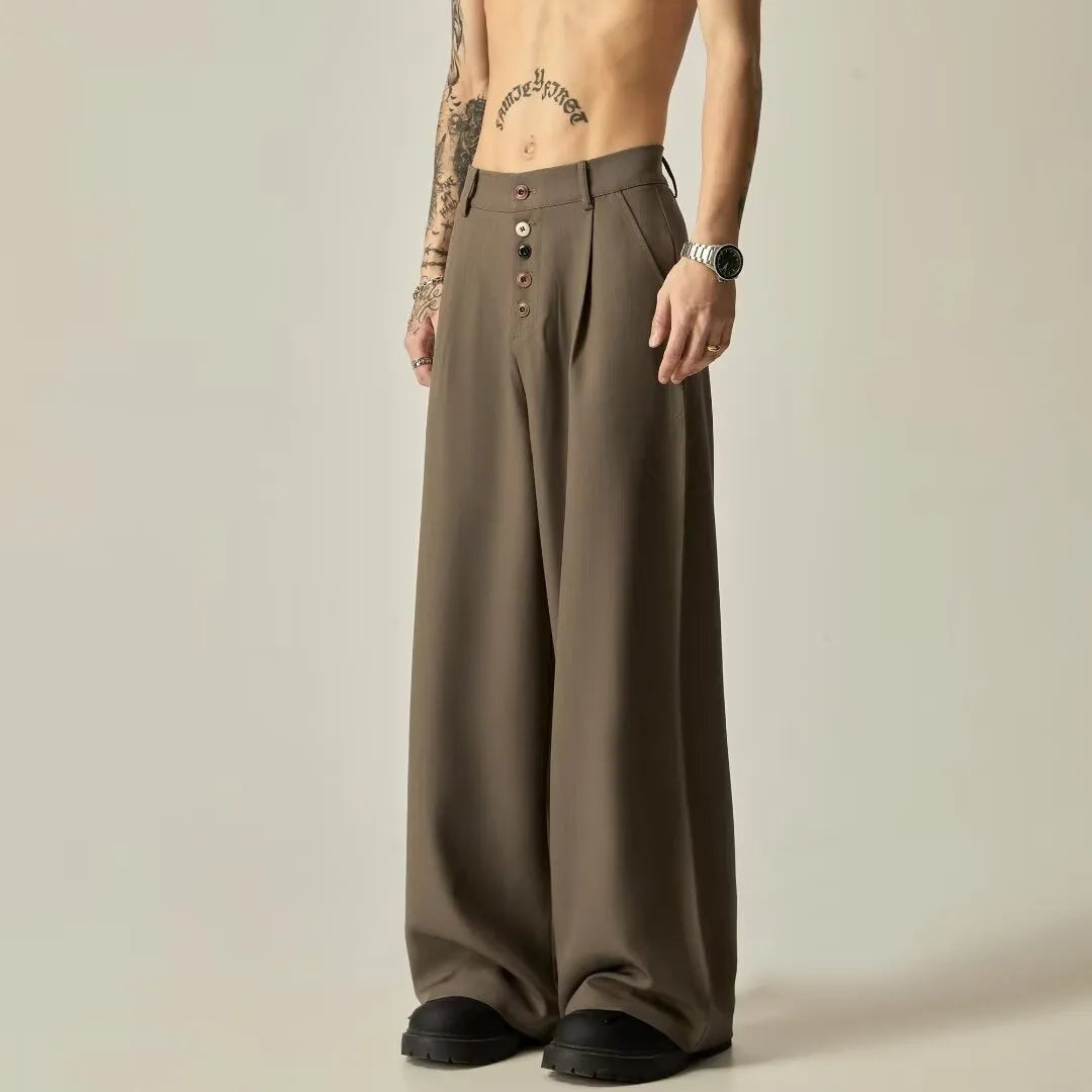 Men's black wide-leg casual trousers with vertical tube design and straight-leg styling