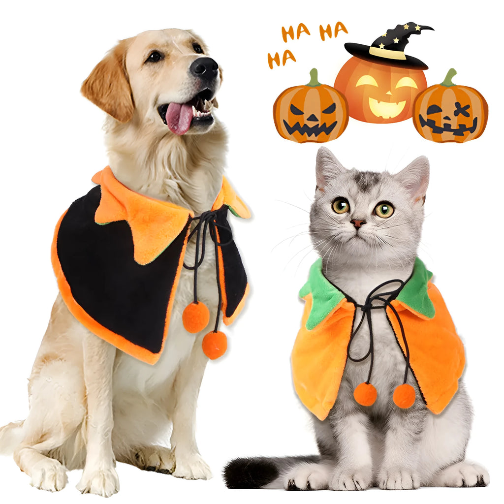 Orange plush Halloween pumpkin cloak for a dog or cat showing double-sided design