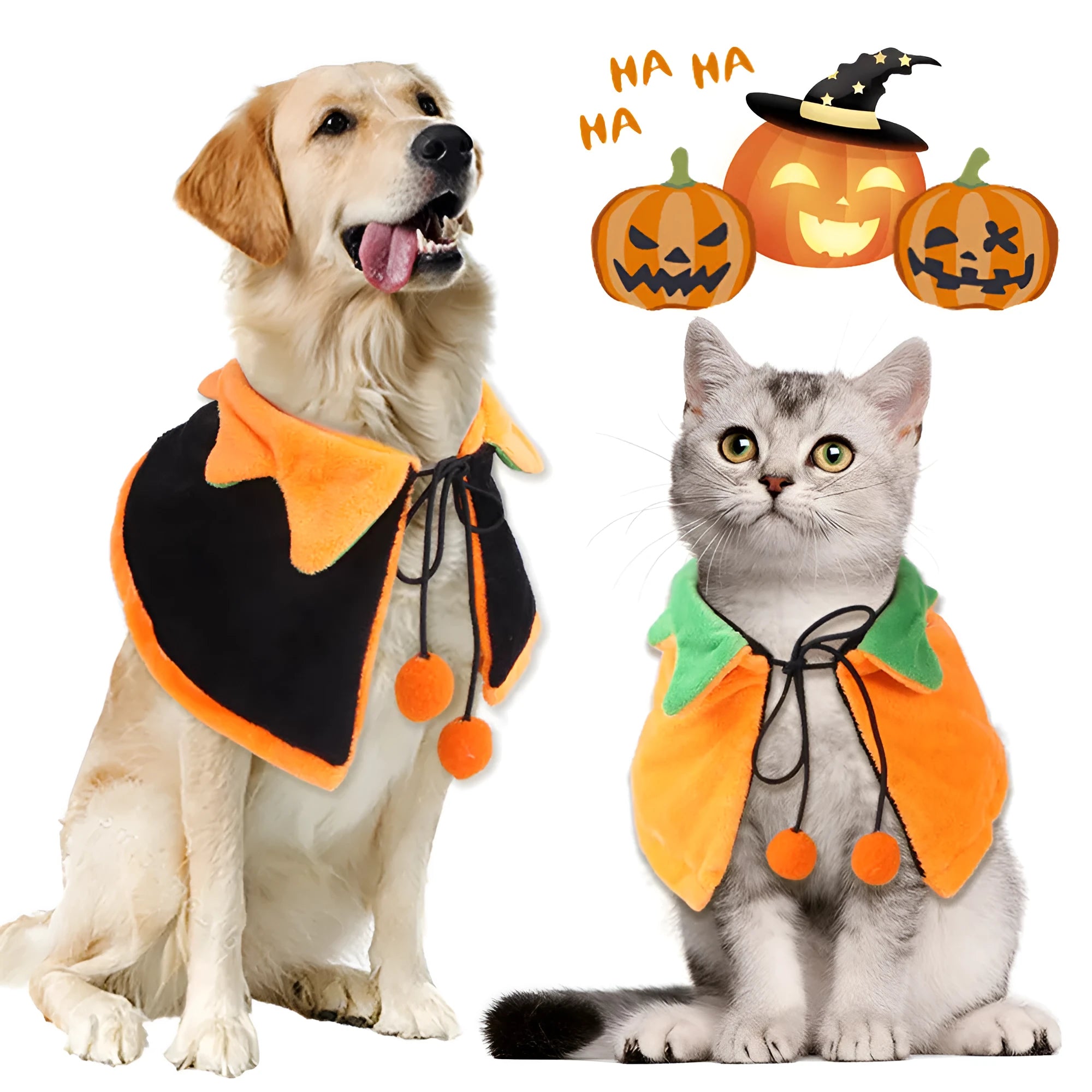 Orange plush Halloween pumpkin cloak for a dog or cat showing double-sided design