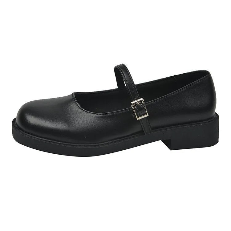 Solid colour women's French vintage PU leather shoes with flat heel and round toe