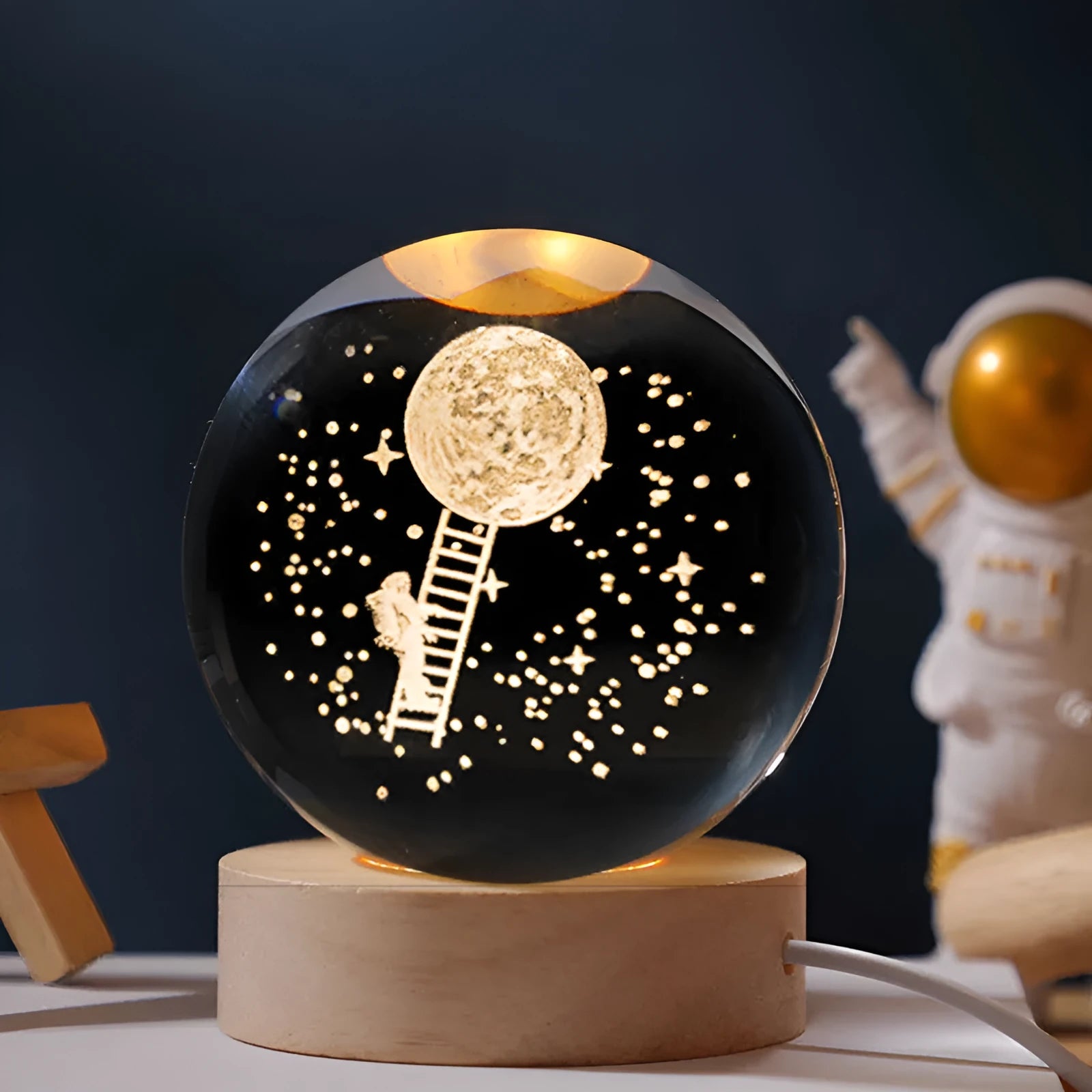 USB-powered luminous crystal ball on wooden base desktop decoration with starry sky lighting effect