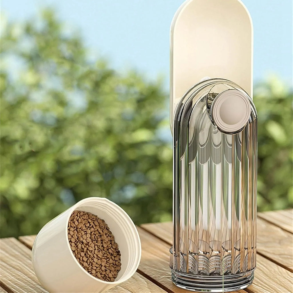 Beige foldable dog water bottle with food dispenser base, shown with dimensions.