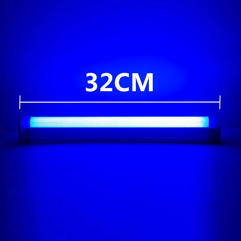 Blue and purple rechargeable LED tube night light with USB cable and dimmable switch.