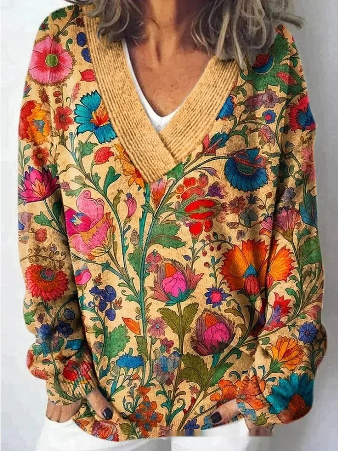 Women's V-neck long sleeve sweatshirt with a detailed 3D floral pattern print in art retro style.
