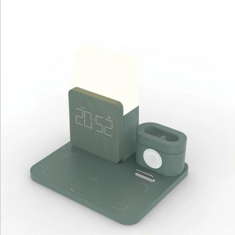 3-in-1 Qi wireless charging stand showing phone, smart watch and earbuds charging simultaneously