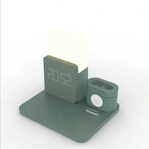 3-in-1 Qi wireless charging stand showing phone, smart watch and earbuds charging simultaneously