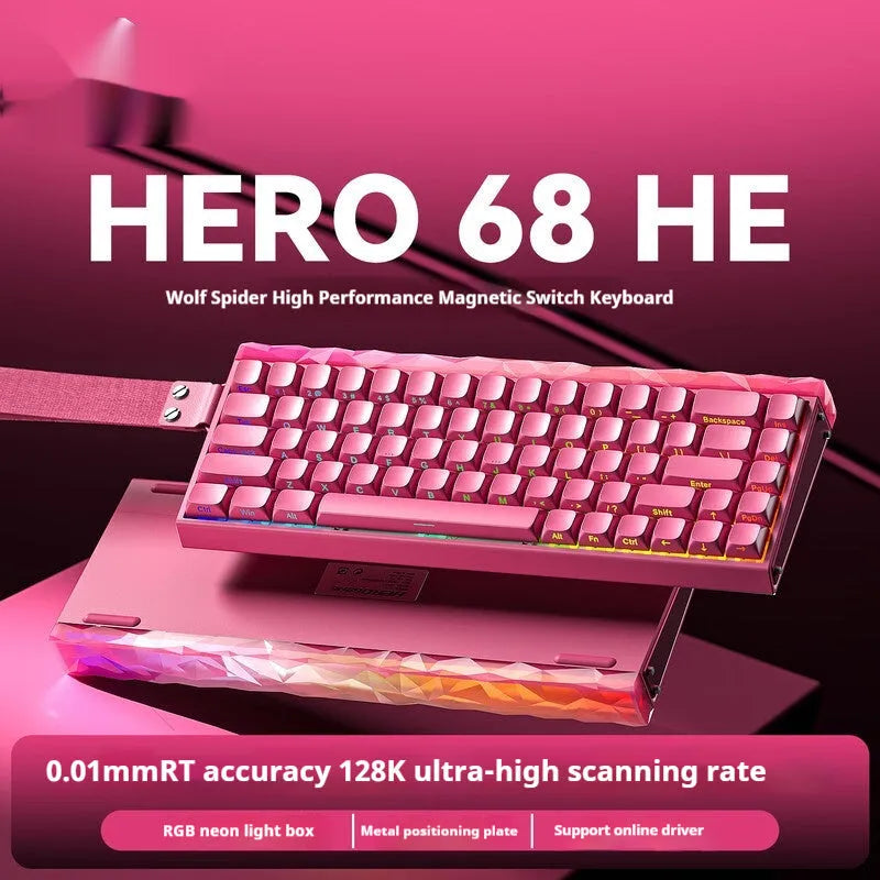 Magnetic axis RGB mechanical keyboard showing side engraving detail and multi-colour backlighting.
