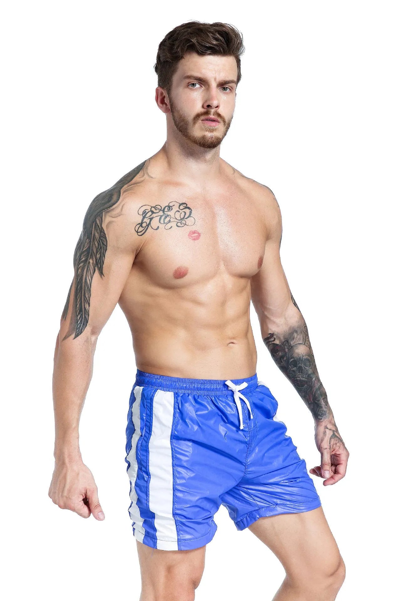 Men's blue stretch polyester sports shorts with lace-up front and slim fit.