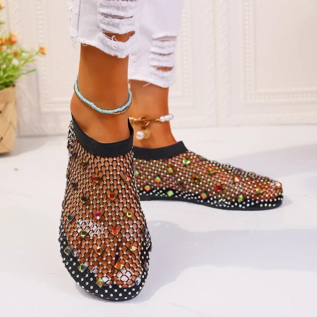 Women's colourful rhinestone decorated mesh flat sandals with round toe and rubber soles