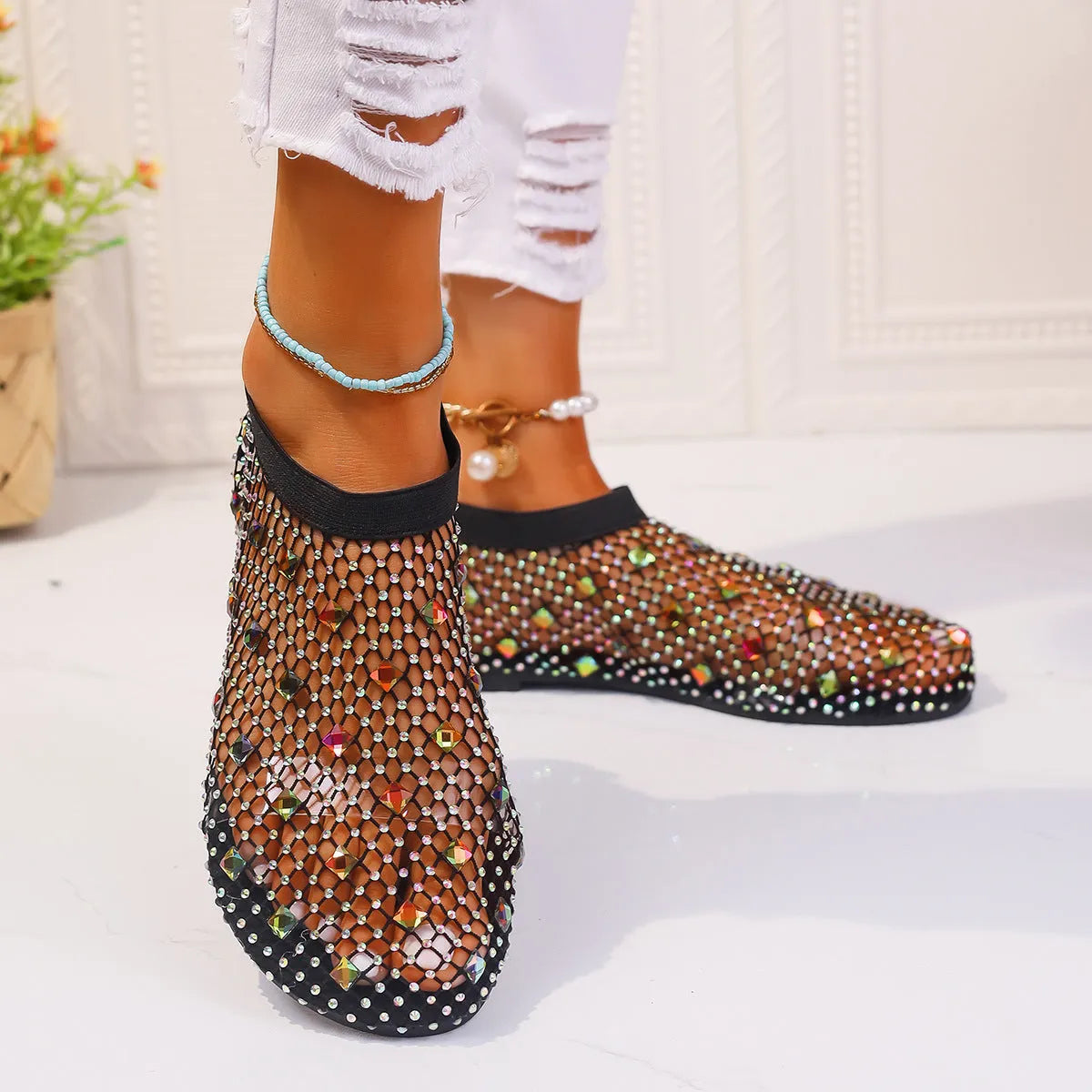 Women's colourful rhinestone decorated mesh flat sandals with round toe and rubber soles