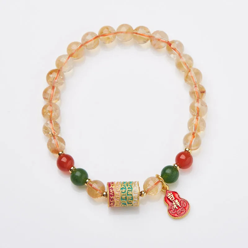Hand-woven citrine five sutra bracelet with 6mm crystal beads in geometric pattern