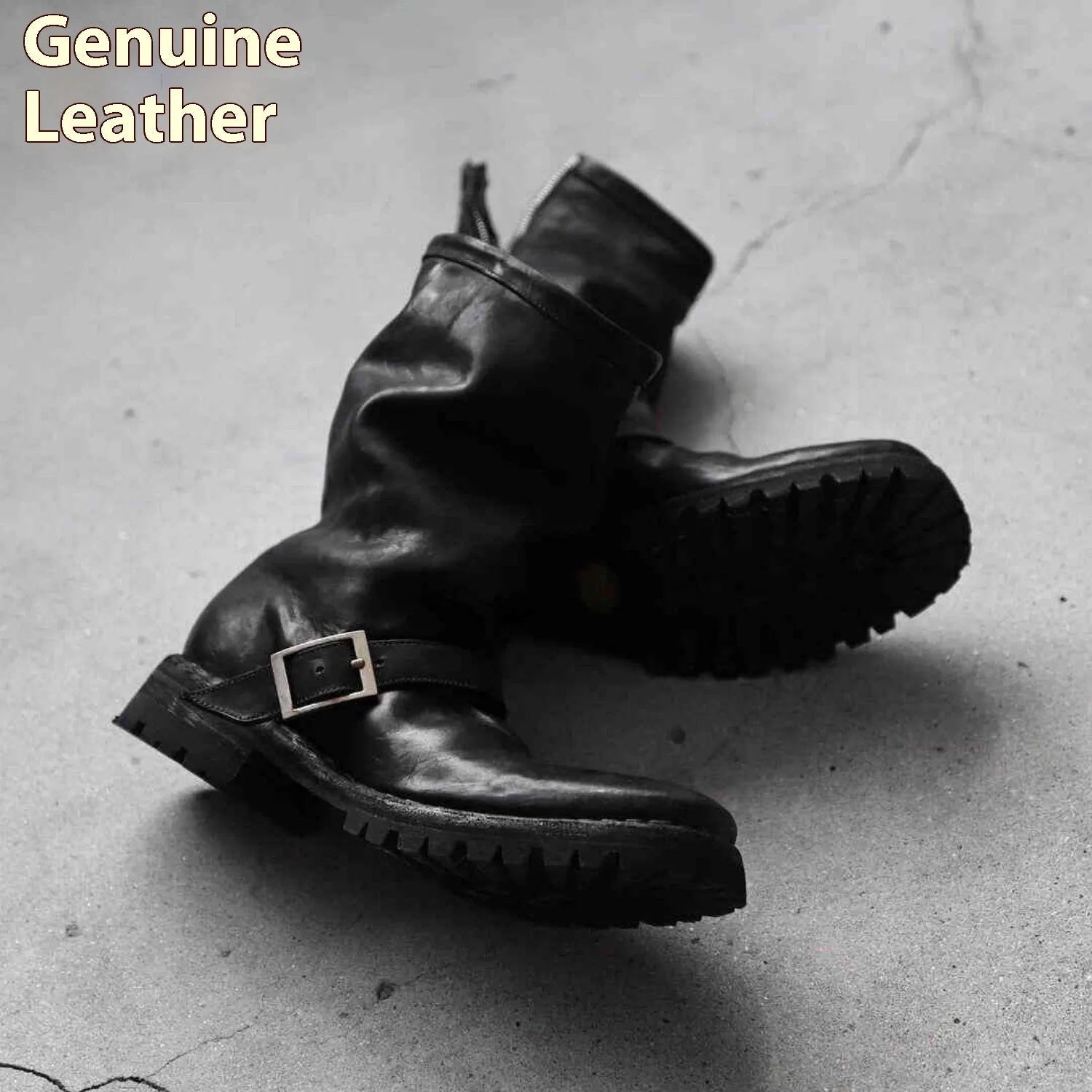 Men's dark retro Martin boots with side zip closure and round toe in black microfiber or genuine leather