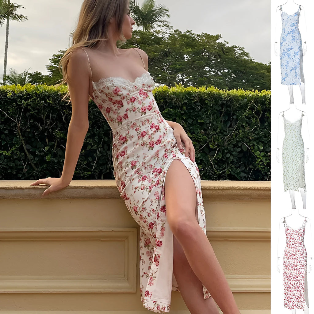 Women's long dress with lace flowers print, slit detail, and suspender straps in solid colour