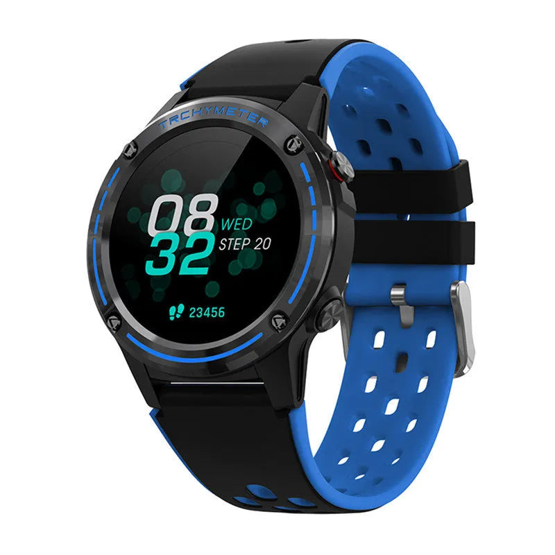 Blue silicone strap sports smart watch with 1.3-inch touchscreen on a wrist.