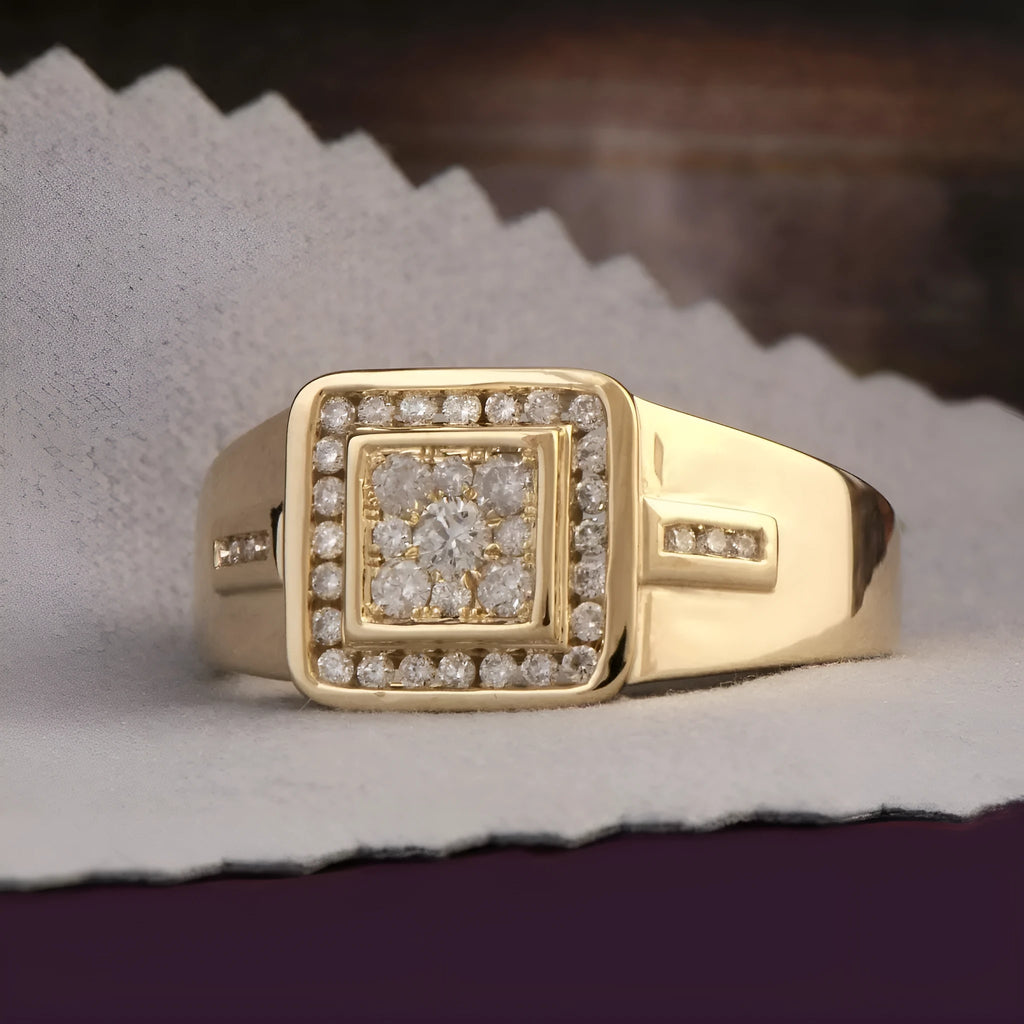 Men's gold plated alloy ring on display, geometry shape, size no. 10, European imitation gold style