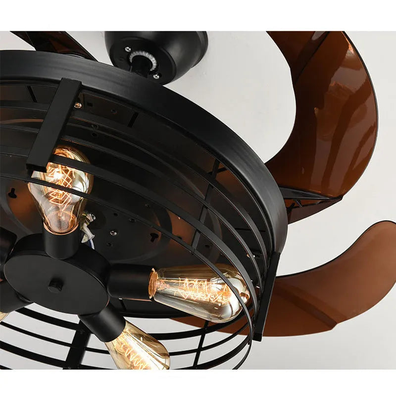 American retro style ceiling fan with integrated light and acrylic blades, shown with remote control.