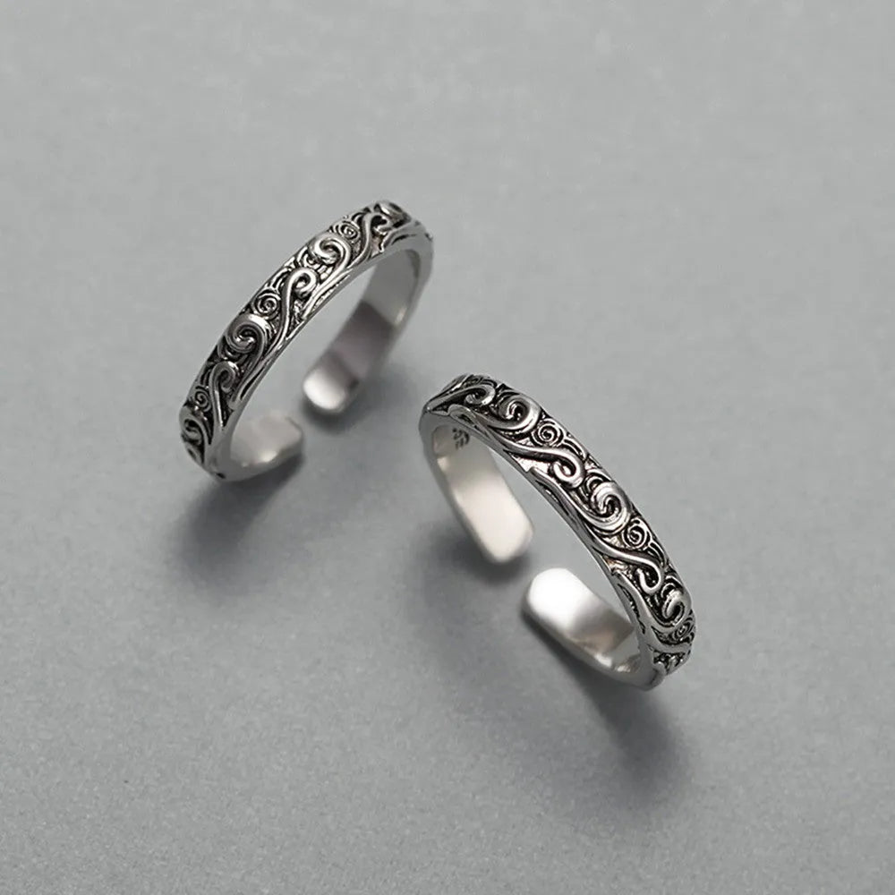 Geometric copper couple ring set with electroplated finish, adjustable opening, for men and women