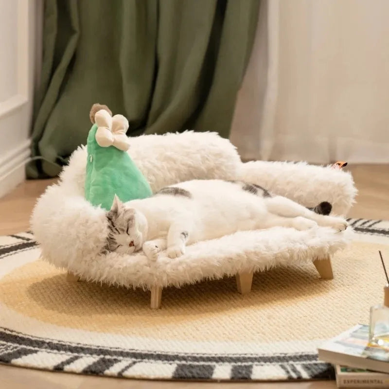 Wooden pet bed kennel for dogs and cats with multi-layer plywood frame and brown velvet in a home setting