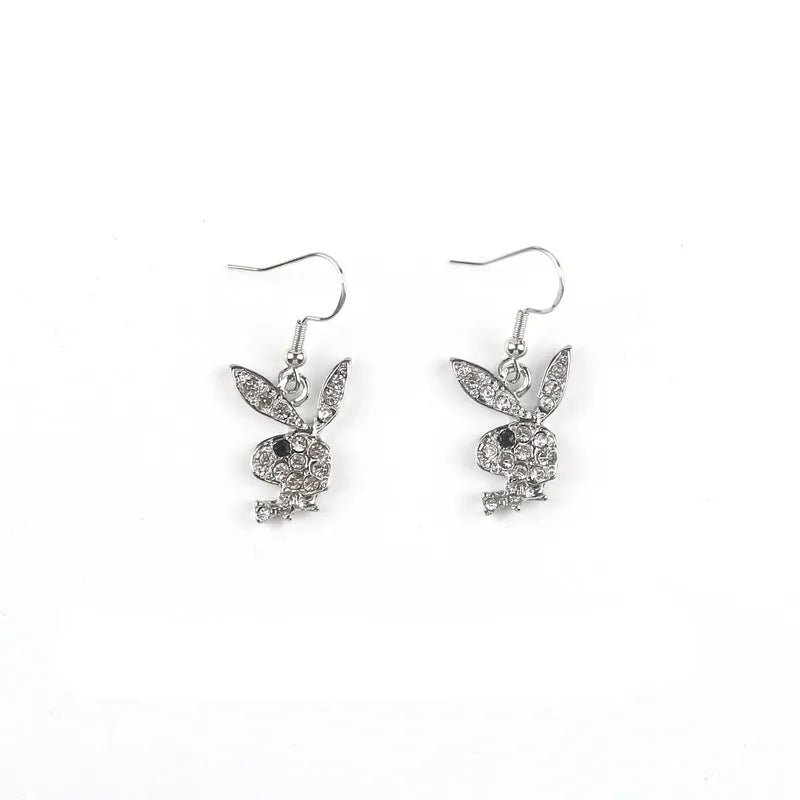 Cute rabbit stud earrings in gold, pink and silver colours with cartoon animal design.