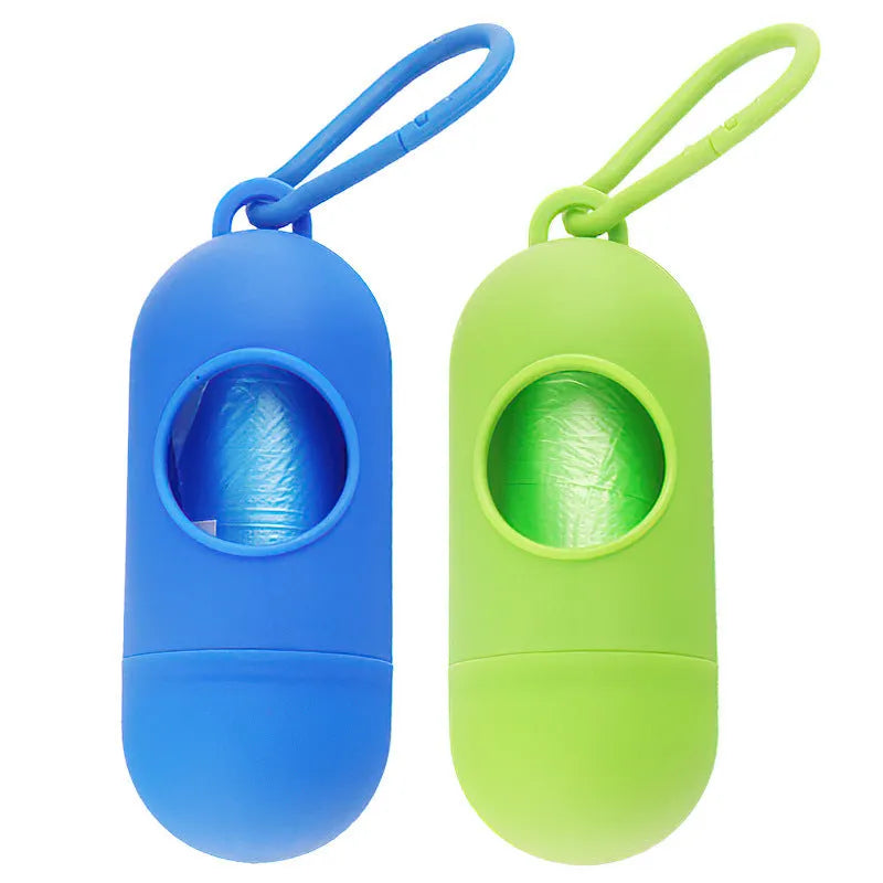 Small square dog waste bag dispenser with a metal side hook, shown in various colours.