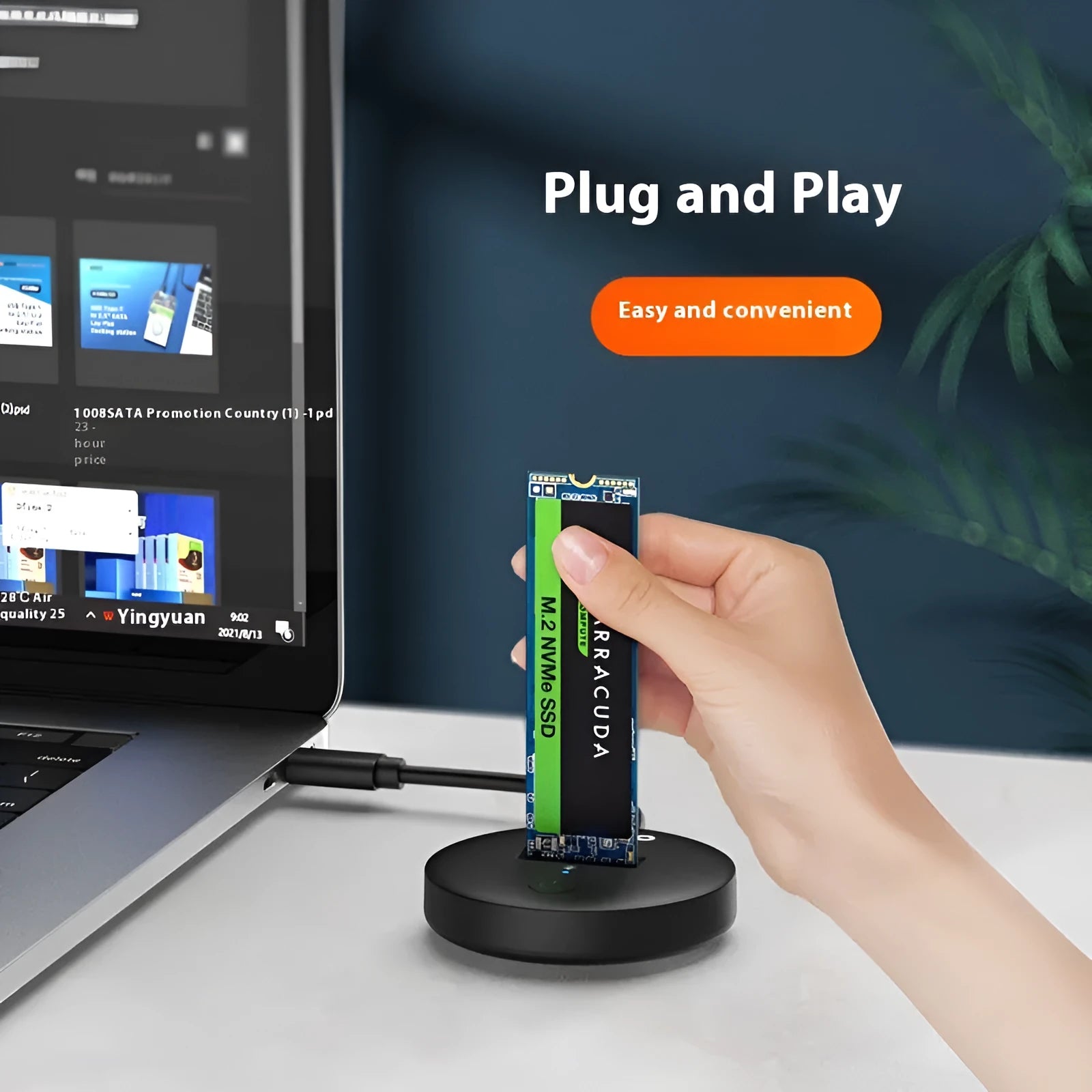 Black external hard disk enclosure with USB-C port for M.2 NVMe SSD compatibility