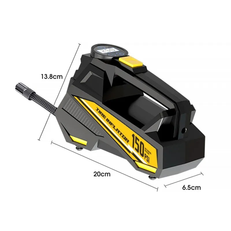 Black portable electric tyre inflator with digital display and LED lighting for vehicle and bicycle tyres