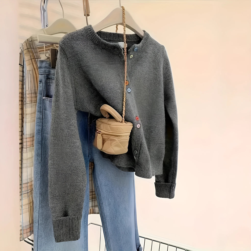 Women's dark grey polyester cardigan with button front and regular long sleeves