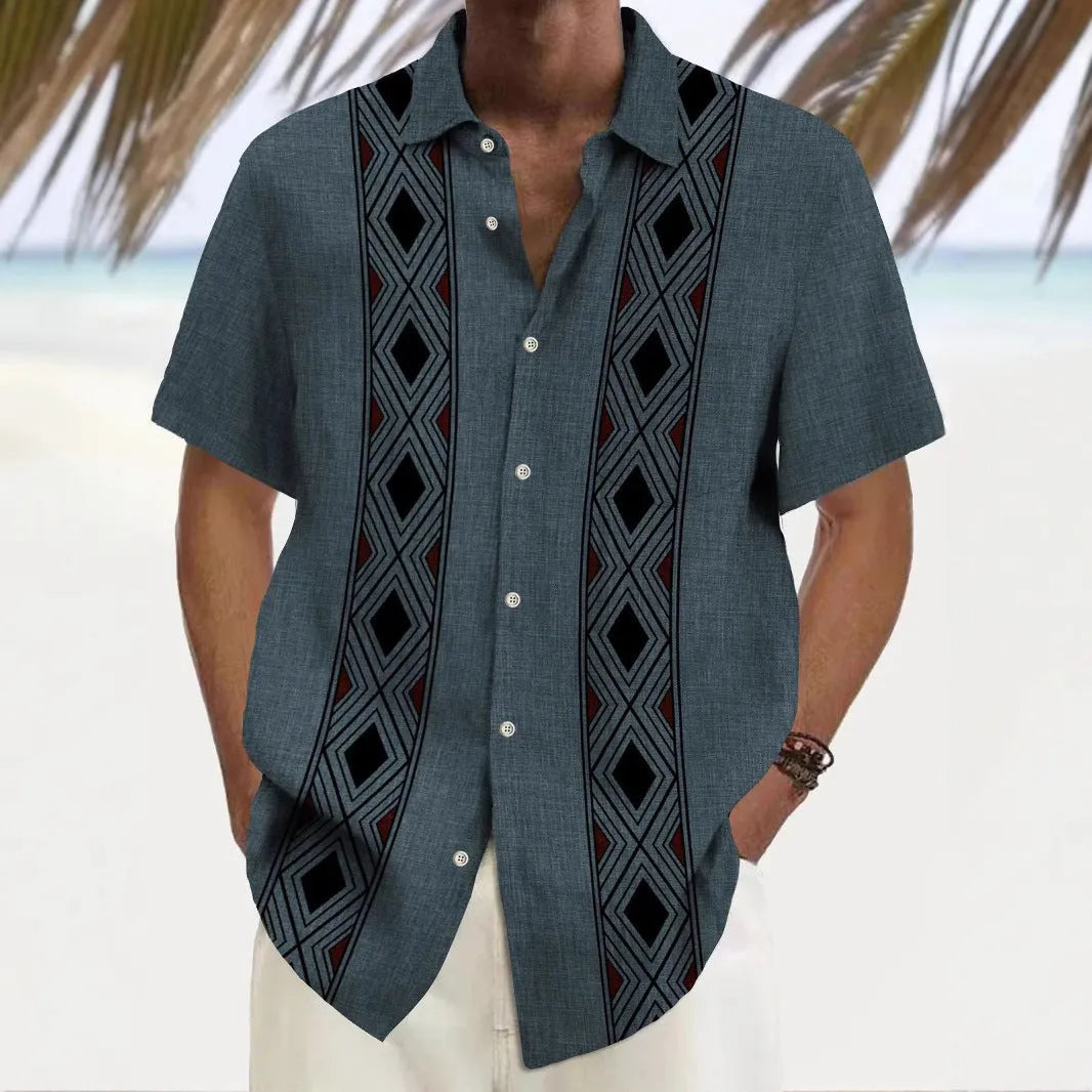 Multicolour printed men's loose fit cardigan-style leisure shirt on hanger