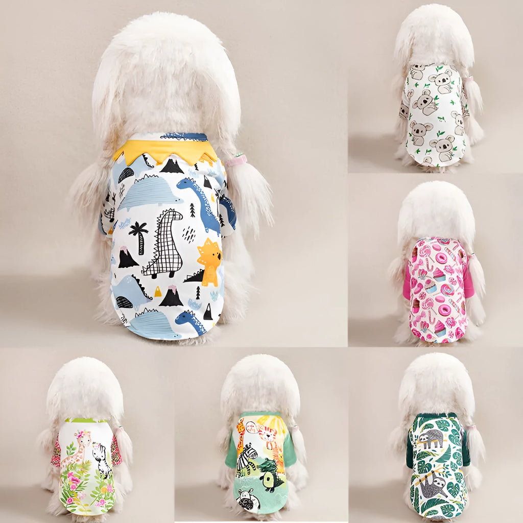 Printed dog t-shirt for small breeds with full-print design showing seasonal casual wear
