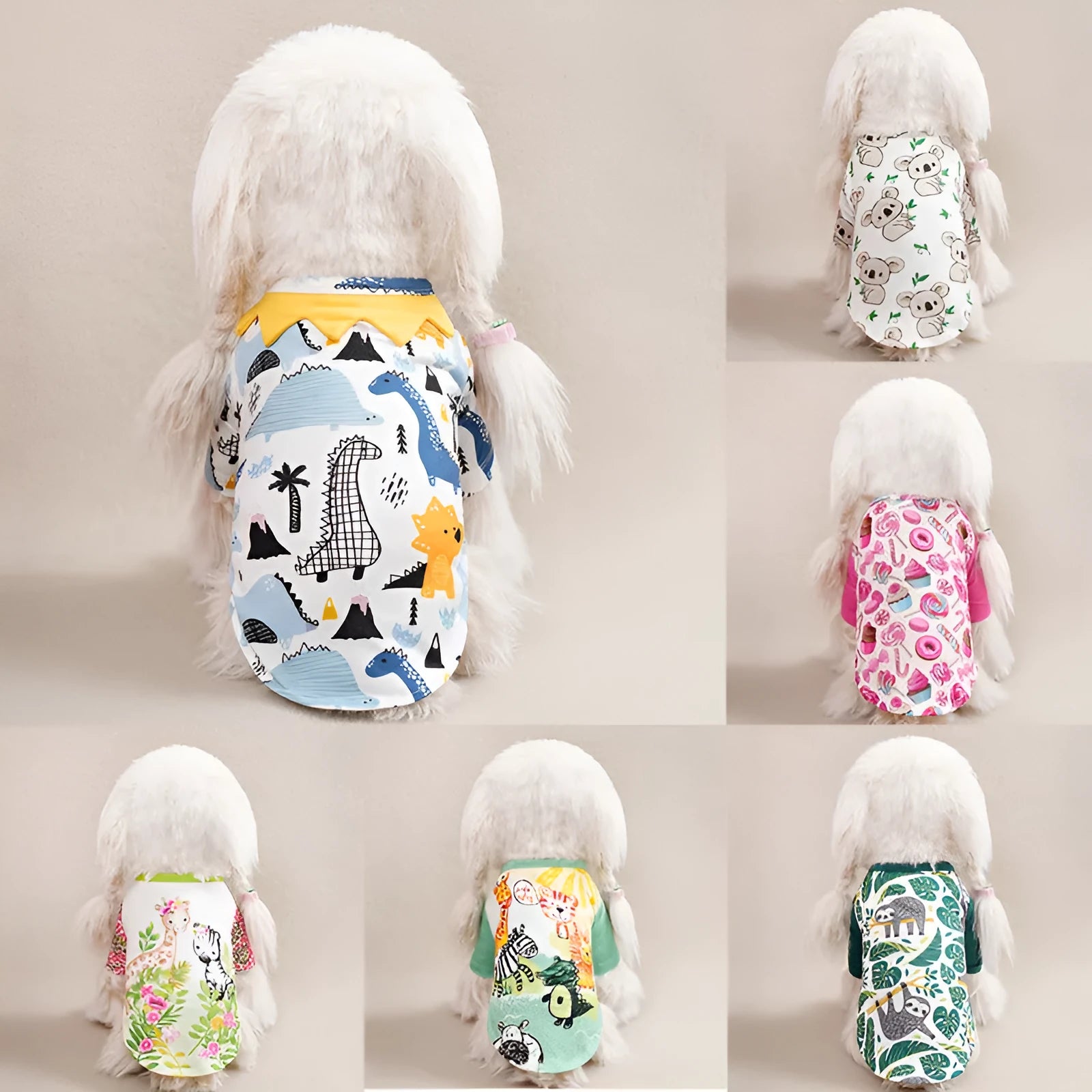 Printed dog t-shirt for small breeds with full-print design showing seasonal casual wear
