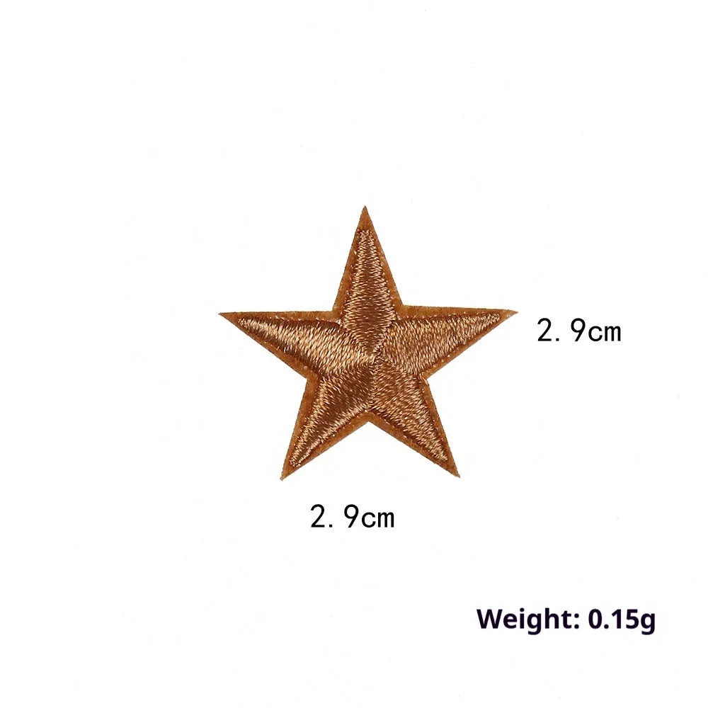 Colourful embroidered five-pointed star designs on cloth sticker labels for DIY clothing customisation.