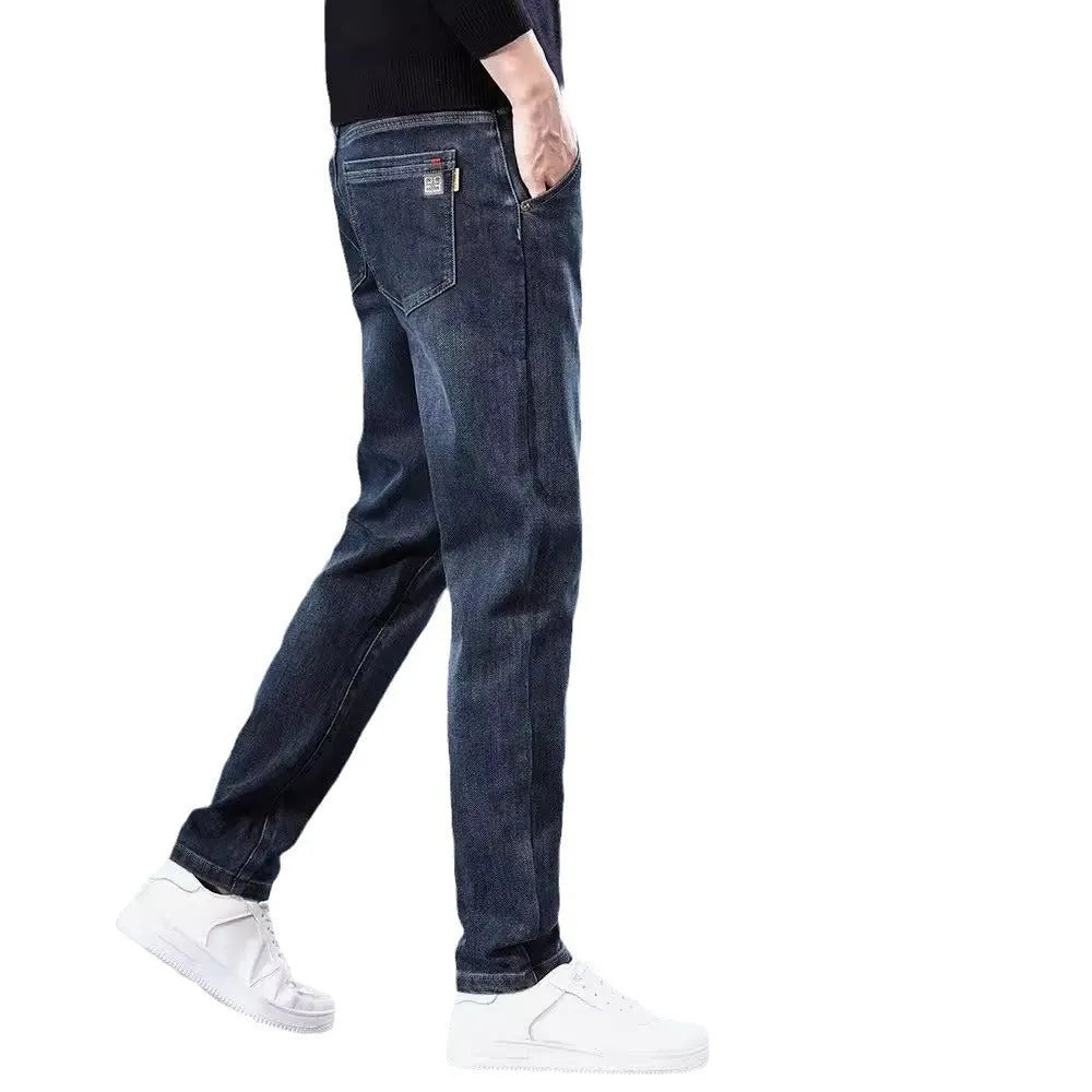 Men's slim straight casual trousers in micro-elastic polyester fabric, mid-waist design with zip fly
