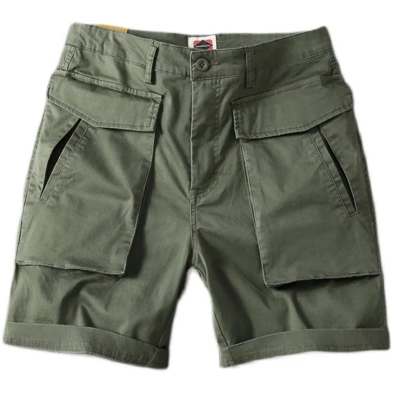 Men's straight-leg cotton cargo shorts in army green with multiple pockets on the legs.