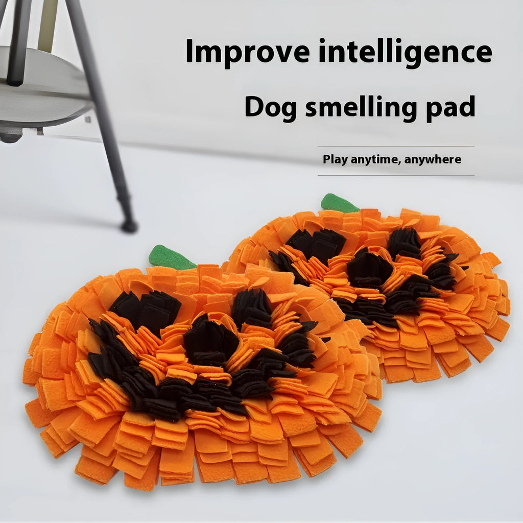Orange pumpkin-shaped pet training mat on floor with dog treats scattered across polar fleece surface