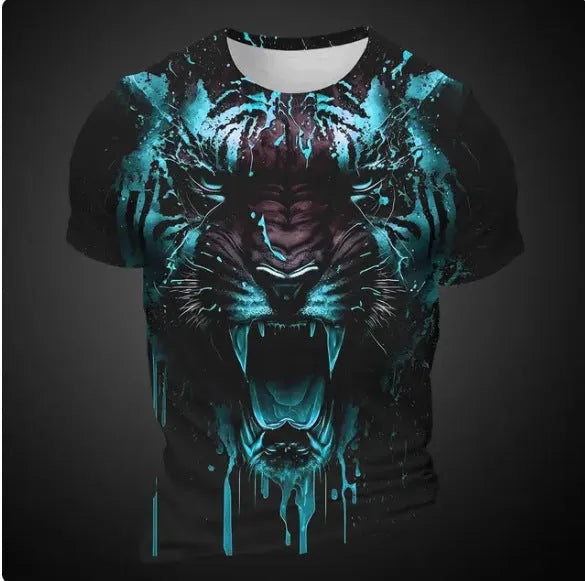 Men's 3D tiger pattern short sleeve T-shirt in lightweight polyester fabric.