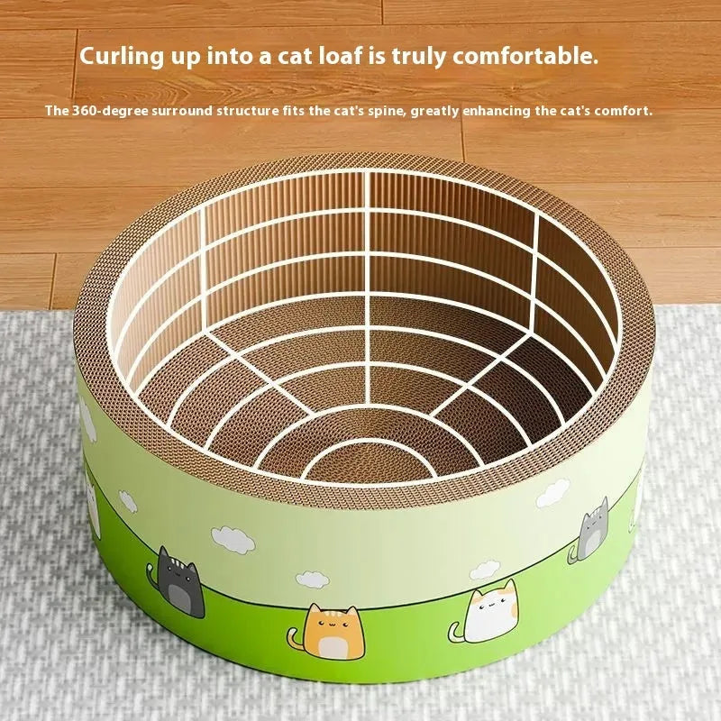 Large round cat scratch board with deep pit design on integrated base in HK Round Pit colour