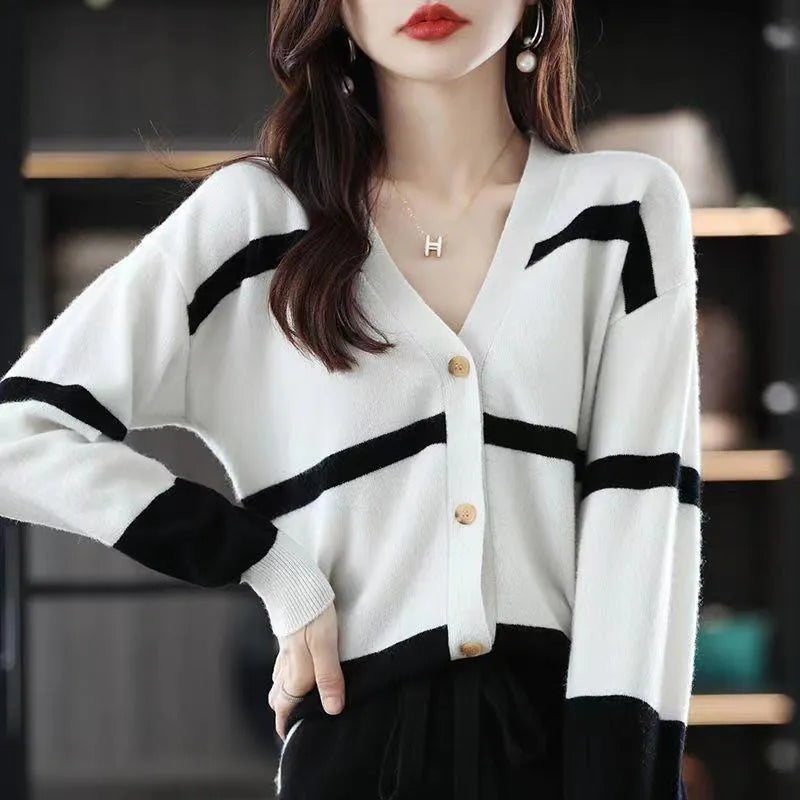 Women's 3D striped knitted cardigan with V-neck and buttons in black and white, green, camel, or black apricot.