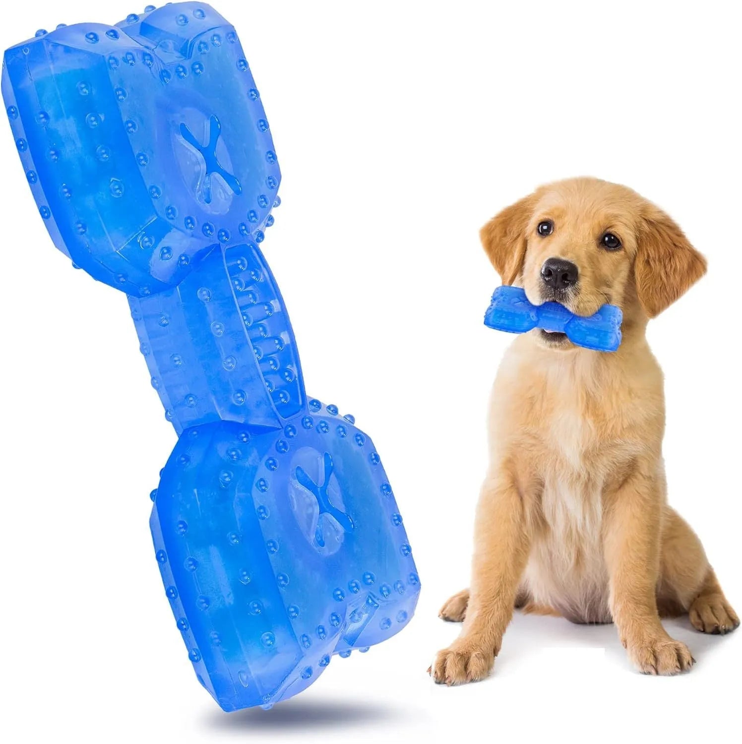 Freezable water-filled dog cooling chew toy in bones and circles designs with treat compartment.