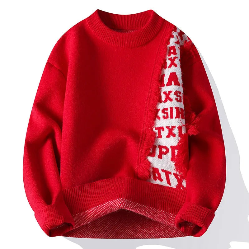Men's loose fit knitted pullover sweater with ribbed hemline in white grey black red colours